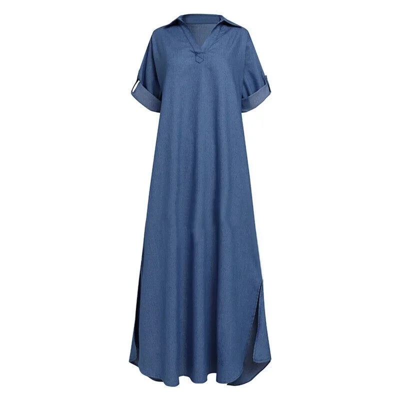 Plus Size Women's Summer Denim Short Sleeved Fashionable Dress, Casual Solid Color Lapel Large Size Long Dress