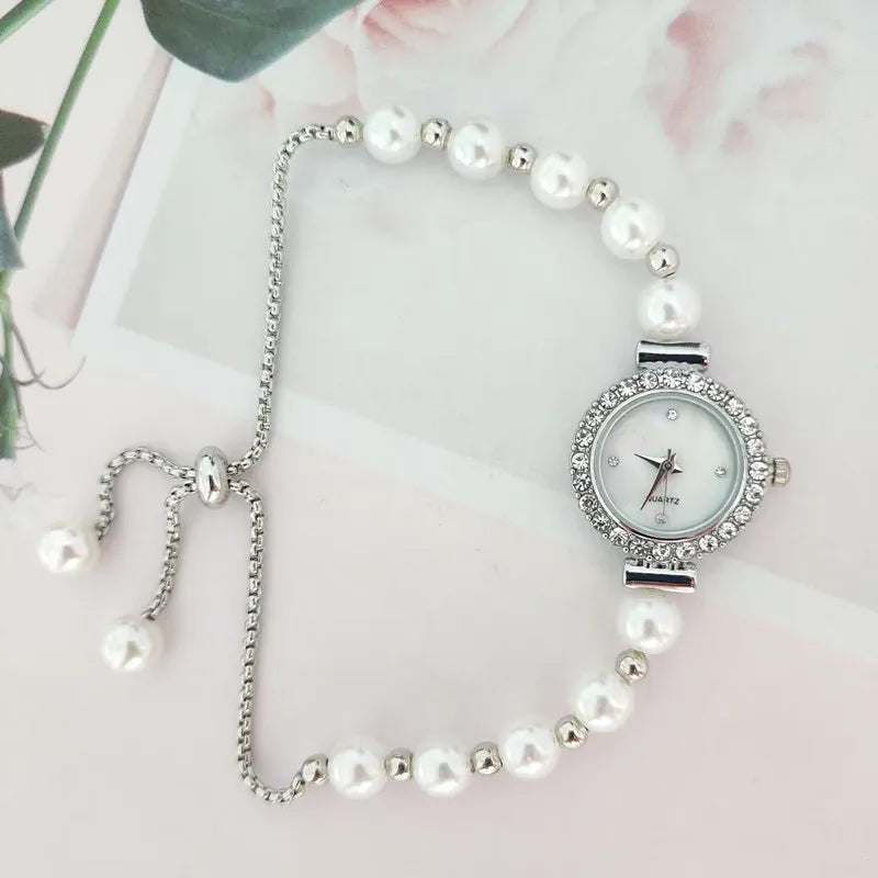 Kegllect Ladies Round Quartz Watch Women Luxury Pearl Bracelet Adjustable Strap Diamond Watches Jam Tangan Perempuan