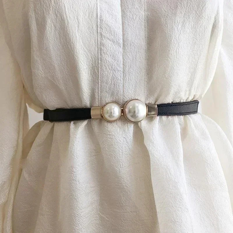 PU Leather Dress Skirt Waist Elastic Thin Belts Ladies Waistband Fashion Belts for Women Luxury Design Women Double Pearl Belt