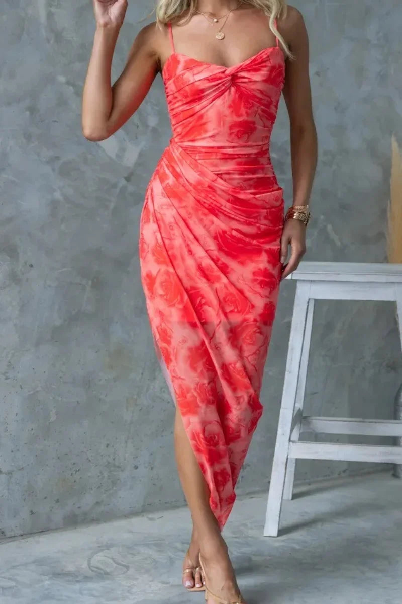 Hot Selling Spring and Summer New Fashionable Comfortable Suspender Printed Slit Dress INS Casual Vacation Loose Dress