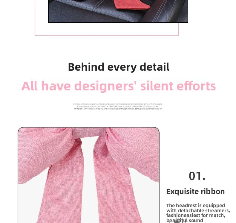 Fashion car headrest with bows cotton and linen pillow suitable for plaid's road trips and cute interior decorations