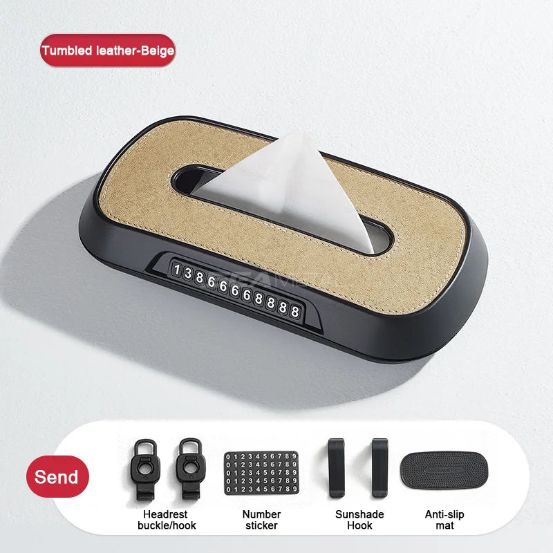 BLALION Car Tissue Box with Temporary Parking Card Sun Visor Backseat Tissue Holder Leather Case Auto Interior Accessories
