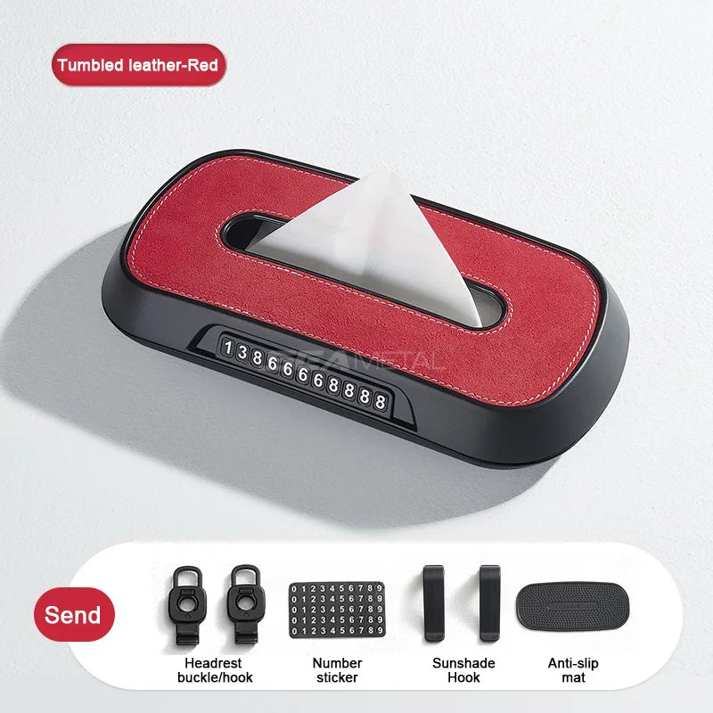 BLALION Car Tissue Box with Temporary Parking Card Sun Visor Backseat Tissue Holder Leather Case Auto Interior Accessories