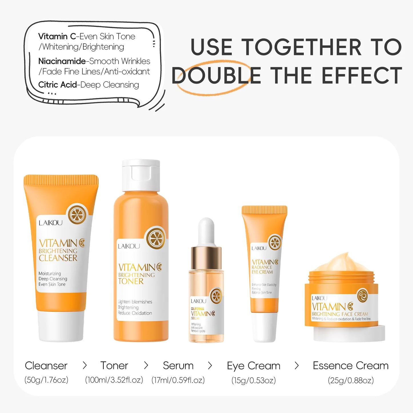 LAIKOU 5pcs Vitamin C Skin Care Set Deep Cleansing Facial Cleanser Face Cream Moisturizer Toner Eye Serum Gift Box Skin Care