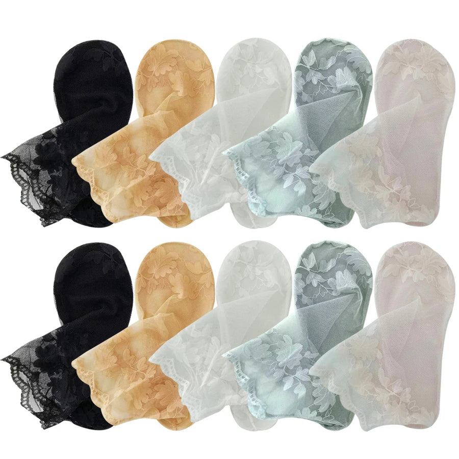 5 Pairs Summer Women Transparent Lace Bottom Short Socks Flower Soft Comfortable Sweat Absorbing Breathable Casual Ankle Socks