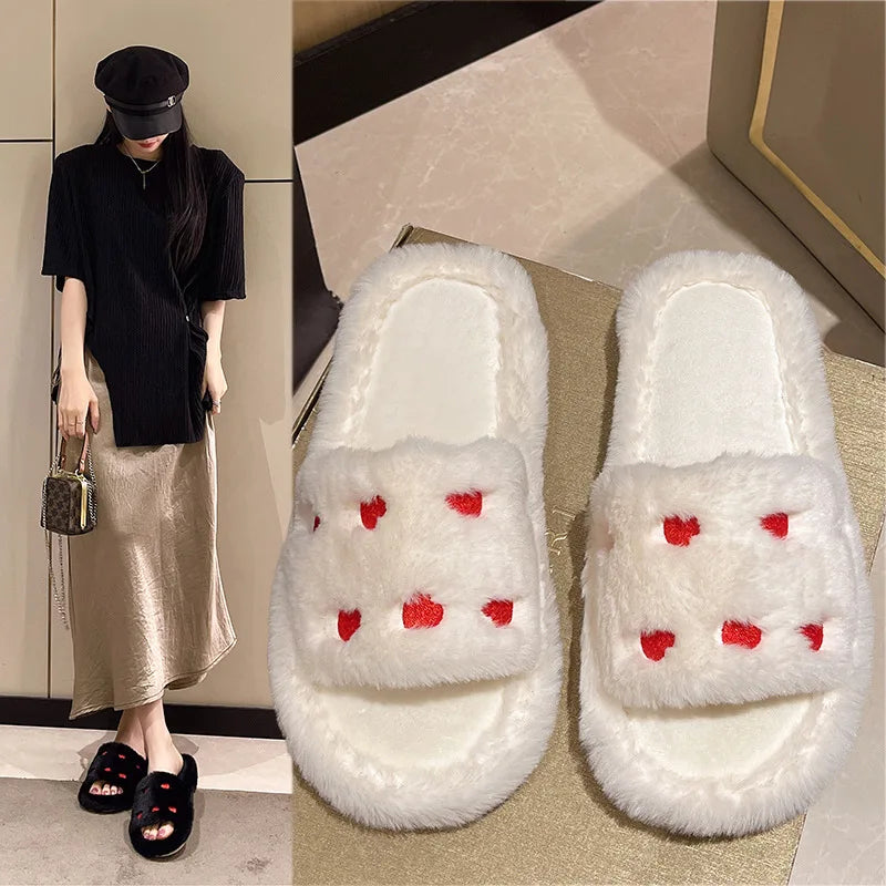 Fur Women Slippers Winter New Fashion Plush Shallow Mouth Indoor Outdoor Flip-flop Casual Bedroom Solid Color Slides Flat Shoes