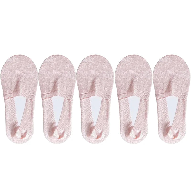 5 Pairs/Lot Socks Women's Fashion Lace Flower Summer Invisible Short No-Show Foot Ankle Set Antiskid White Boat Sock