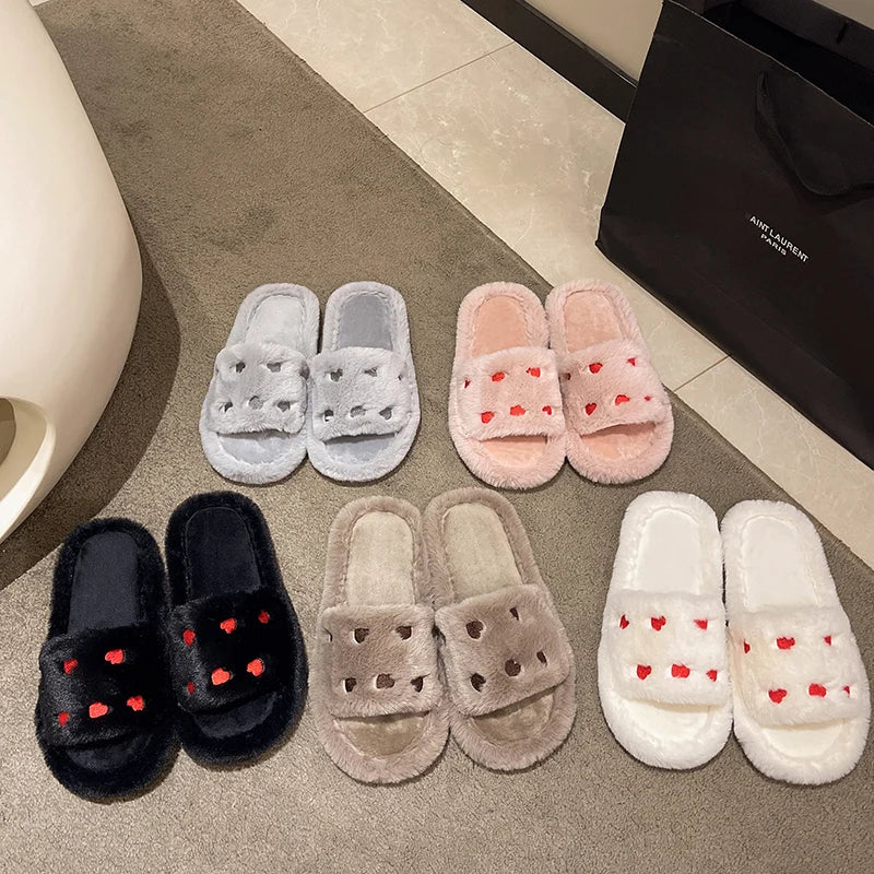 Fur Women Slippers Winter New Fashion Plush Shallow Mouth Indoor Outdoor Flip-flop Casual Bedroom Solid Color Slides Flat Shoes