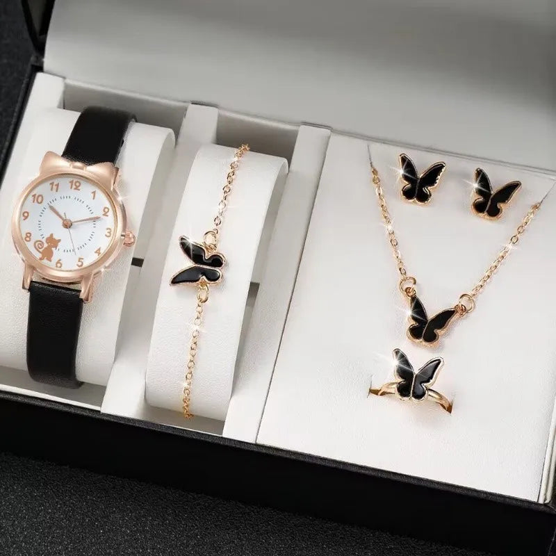 Fashion Women's Quartz Watch PU Leather Strap Student Cute Cartoon Girl WatchesJewlery Set NO BOX