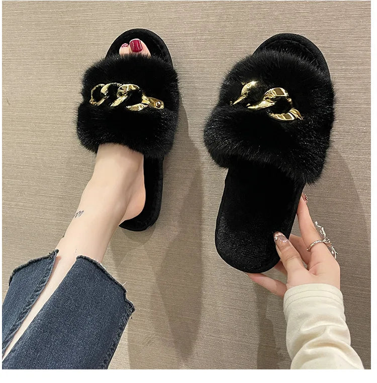 Autumn /winter Metal Chain Woolen Cotton Slippers Fashion Warm Women's Large Fur Flat Heel Straight Slippers Home Cotton Slipper