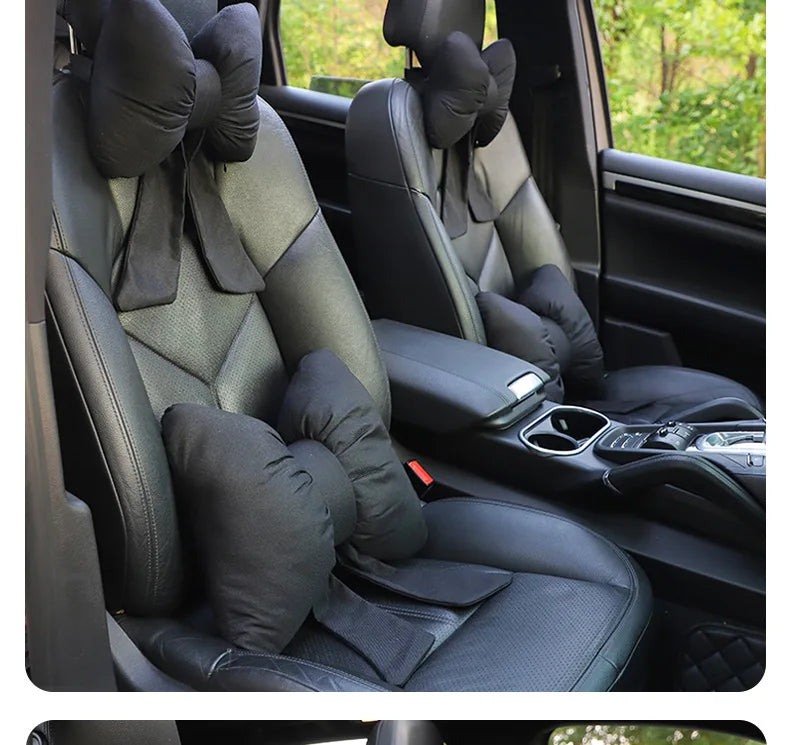 Fashion car headrest with bows cotton and linen pillow suitable for plaid's road trips and cute interior decorations