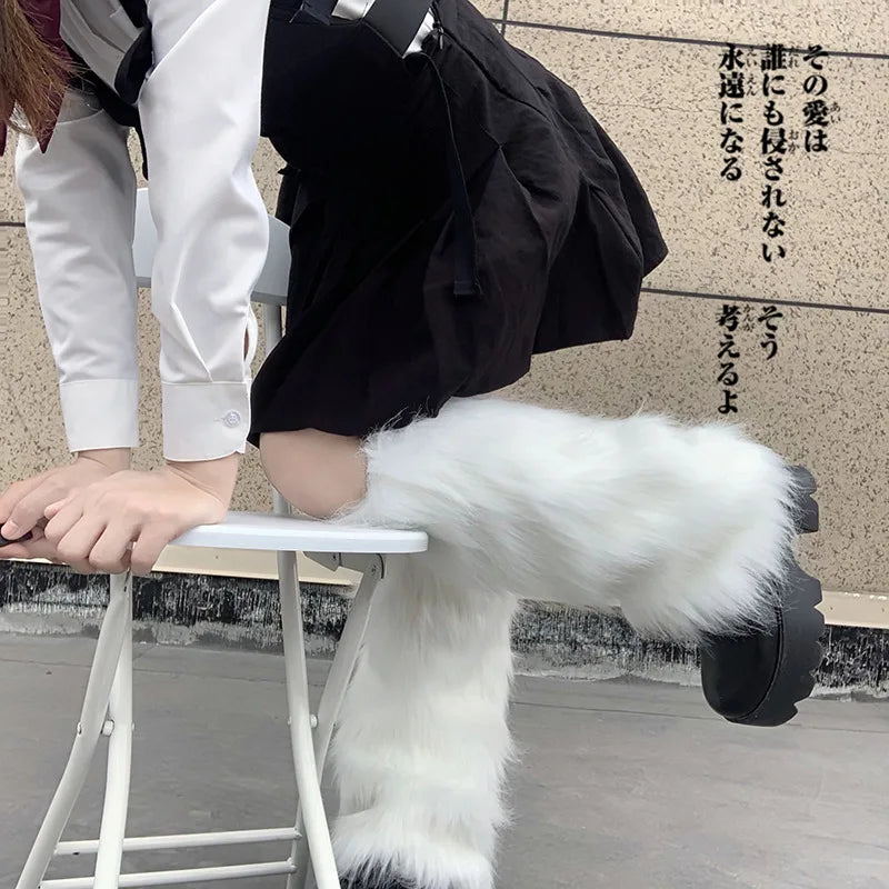 Women's Artificial Fur Leg Warmers Japanese Lolita Autumn And Winter Black And White Knitted Socks Leg Warmers For Women