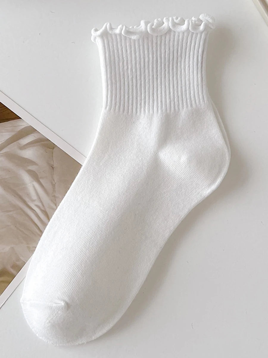 5 Pairs Socks for Women Ruffle Tube Ankle Short Breathable Cuffed Black White Set Spring Autum Soft Solid Color