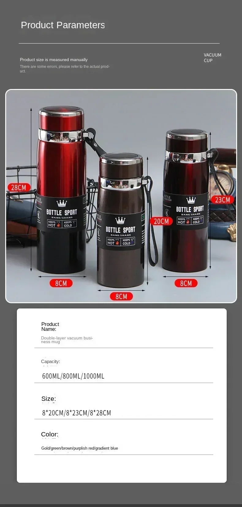 1L Thermal thermos Water Bottle Cold And Hot Coffee Thermal Thermos Vacuum Flasks Bottle Stainless Steel Thermos Bottle Gifts