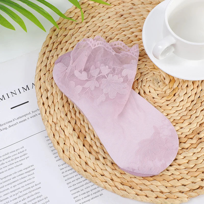 5 Pairs/Lot Socks women's Lace Transparent Lolita Invisible Summer Thin Non-slip Short Ankle Black Low Cut Boat Sock