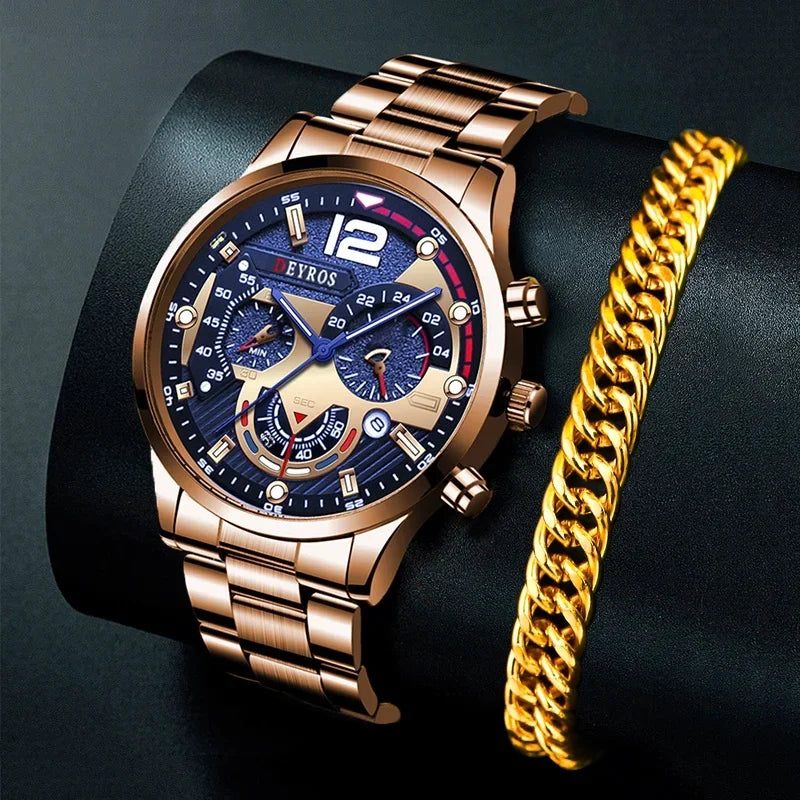 Men Luxury Watches Male Gold Bracelet Stainless Steel Quartz Calendar Watch Business Luminous Clock