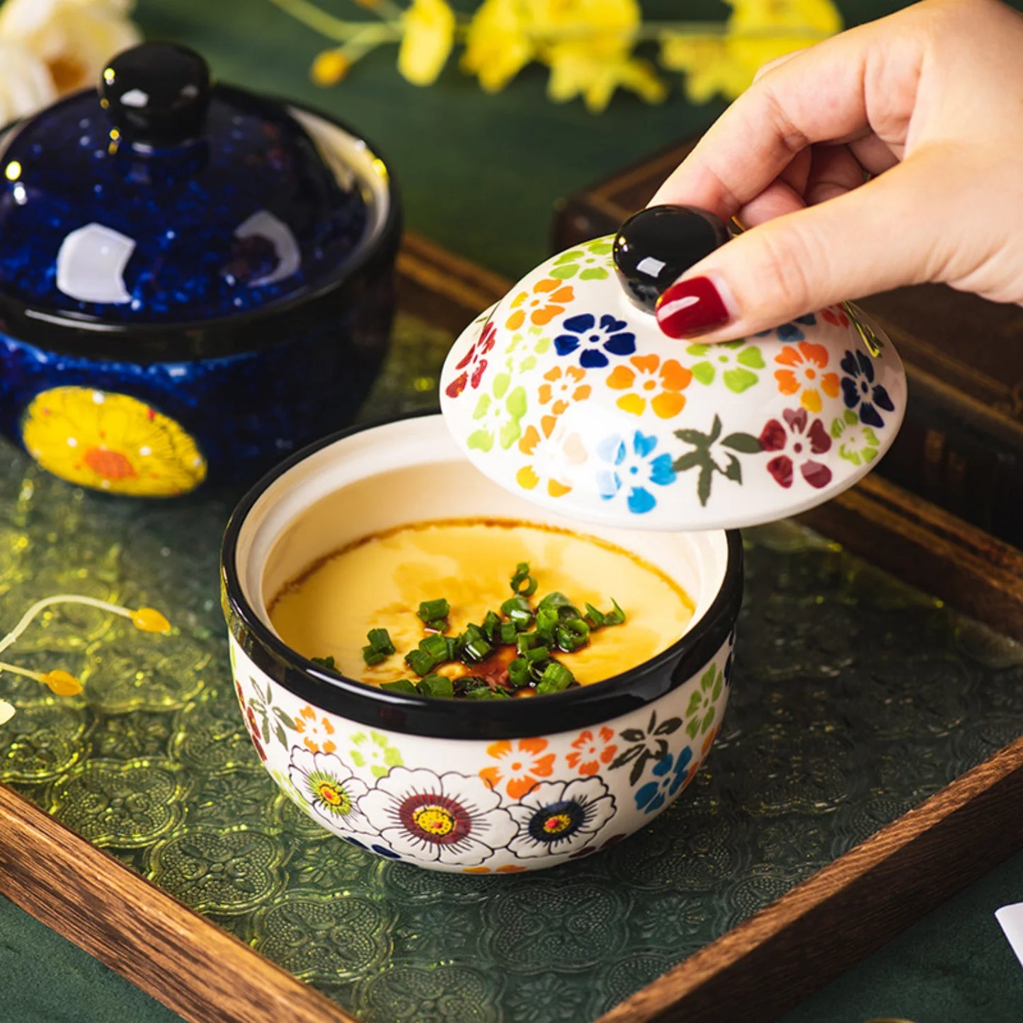 Hand-painted ceramic stew bowl, kitchen soup cup with lid, water-proof soup pot, steamed egg bowl, dessert bowl