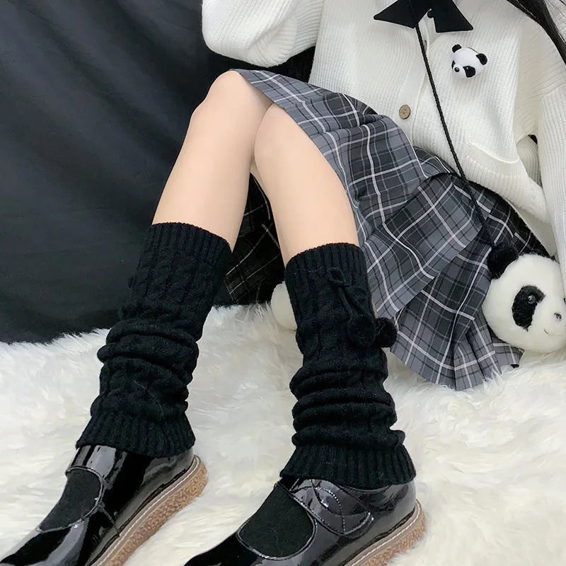 Japanese Style Winter Warm Socks Lolita Warm Leg Knitted Socks Wool Ball Knitted Foot Covers Leg Warmers With Balls For Women