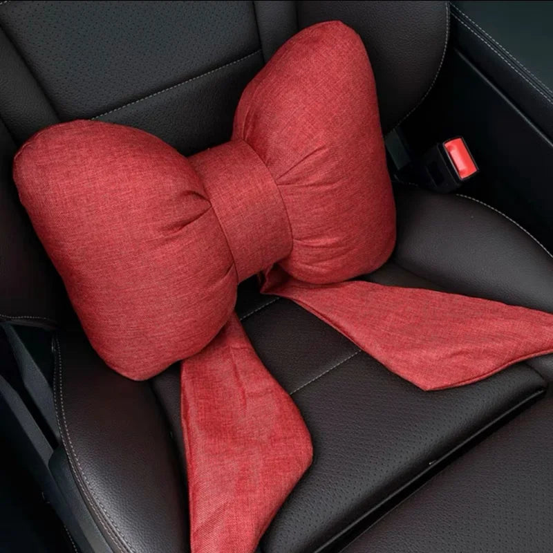 Fashion car headrest with bows cotton and linen pillow suitable for plaid's road trips and cute interior decorations