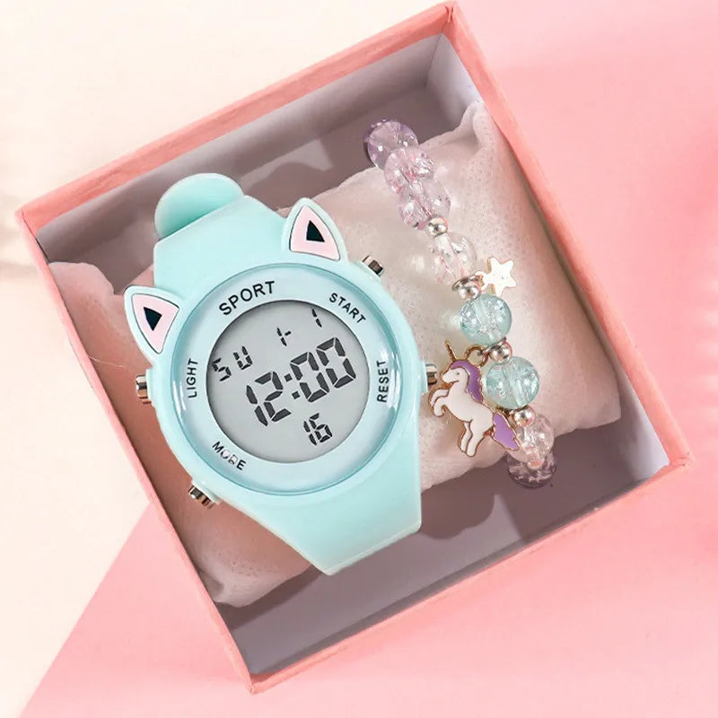 【Watch + Bracelet】Cat Ear Children's Silicone Multi Functional Sports Electronic Unicorn Bracelet Set