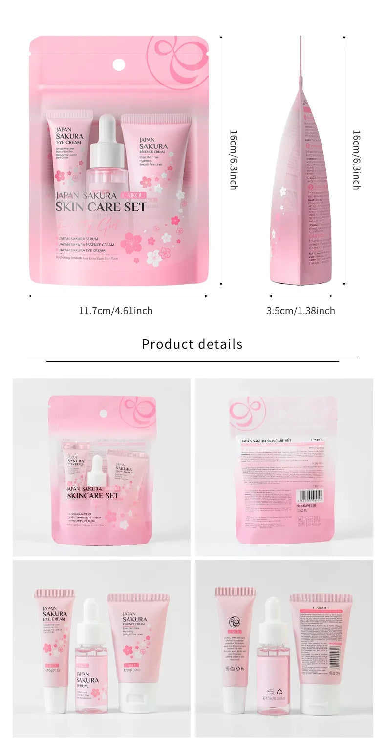 LAIKOU Cherry Blossom Skin Care Set 3-piece Essence Eye Cream Face Cream Skin Care Product Facial Products Kit Skincare Sets