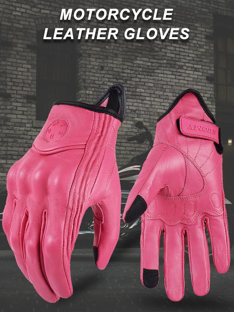SUOMY Lady Pink Leather Motorcycle Gloves Genuine Leather Perforated Women Motorbike Riding Gloves Touch Screen Moto Guantes