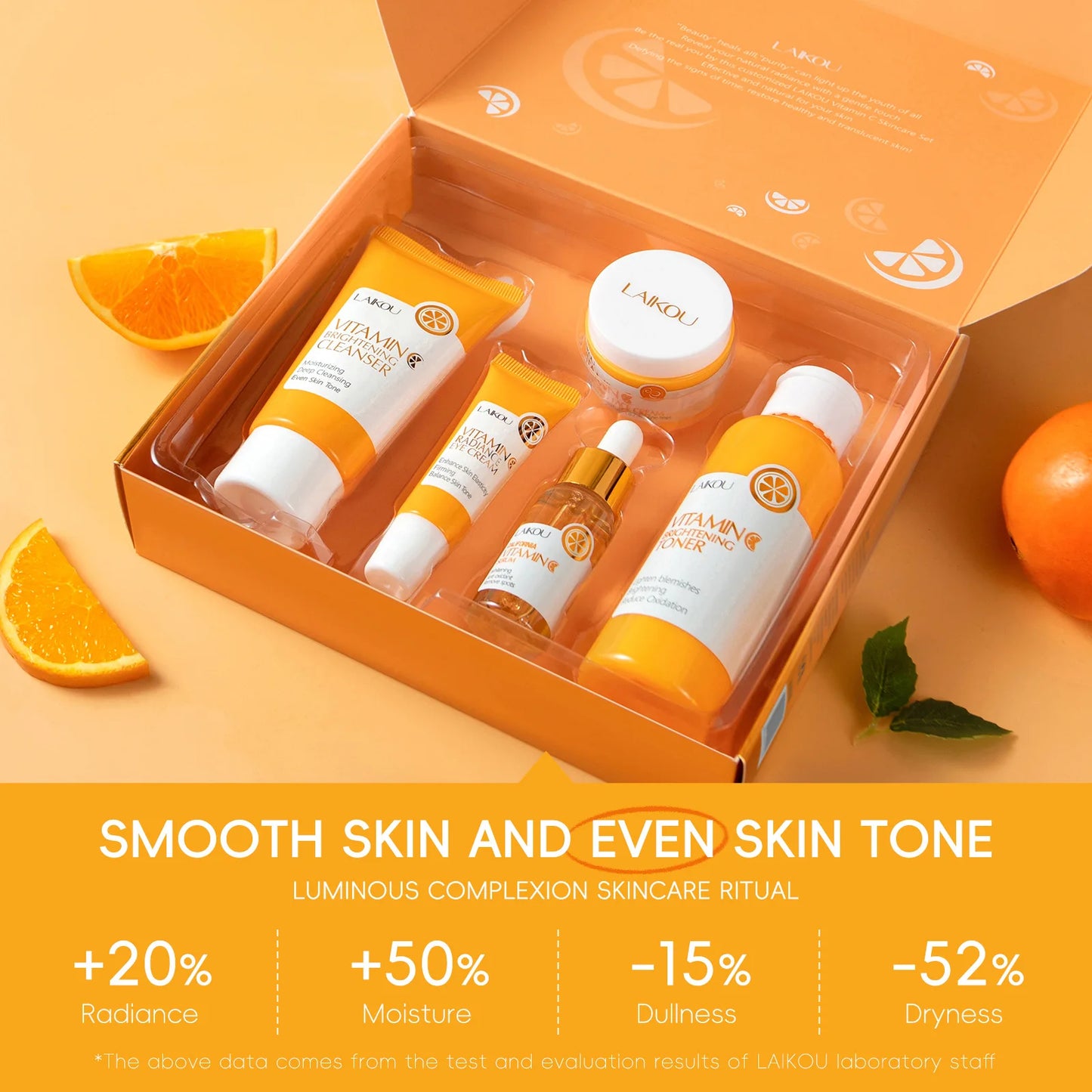 LAIKOU 5pcs Vitamin C Skin Care Set Deep Cleansing Facial Cleanser Face Cream Moisturizer Toner Eye Serum Gift Box Skin Care