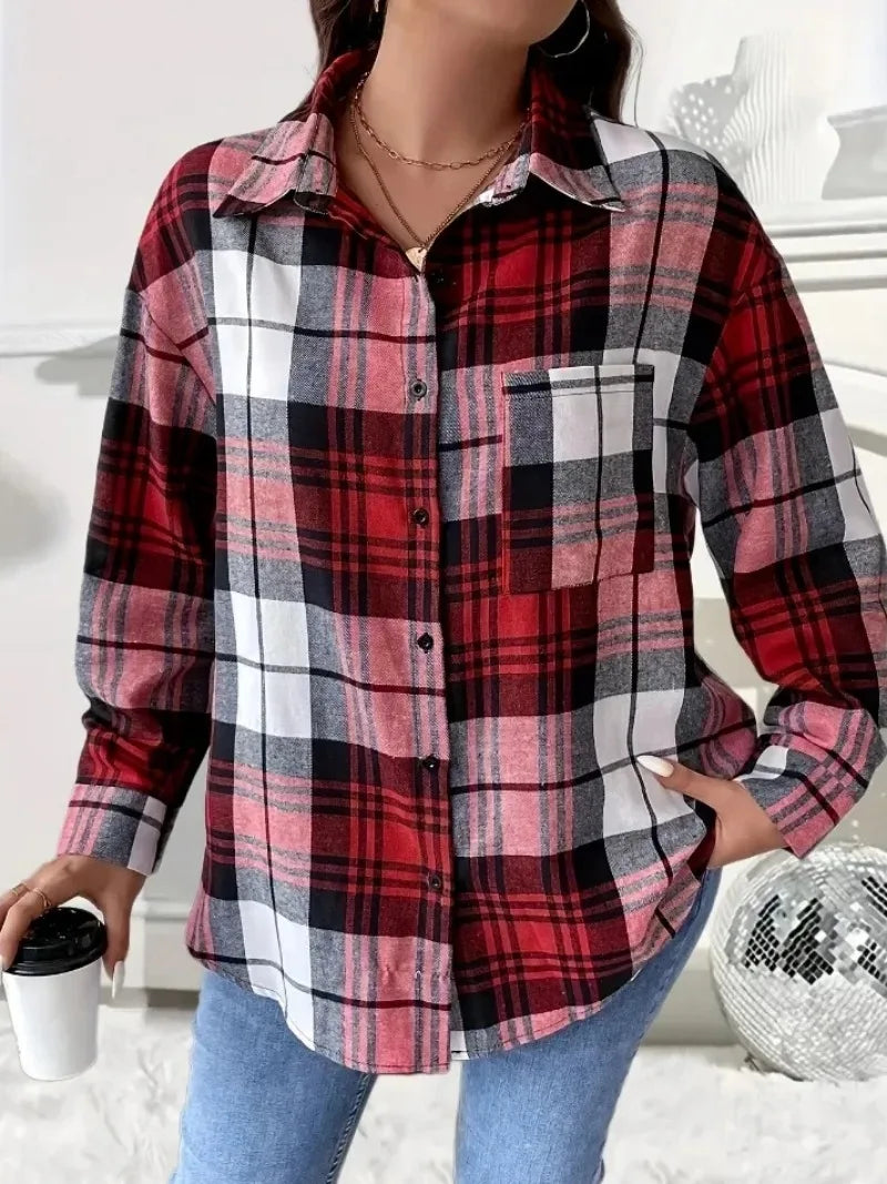 Women's Spring and Summer Plus Size 1XL-5XL Checkered Printed Shoulder Top Women's Long Sleeved Casual Shirt