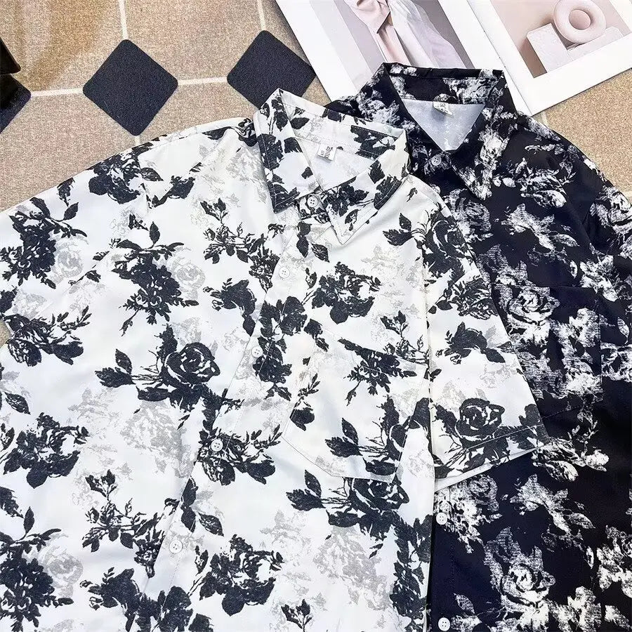 New Chinese ink painting full printed short sleeved shirt for men's summer casual wear with a sense of luxury, retro five quarte