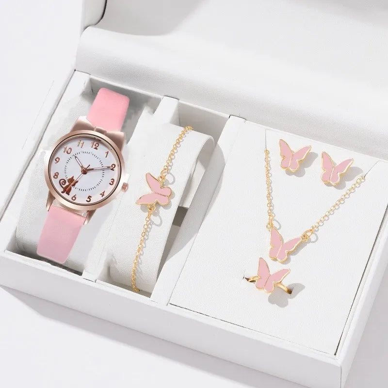 Fashion Women's Quartz Watch PU Leather Strap Student Cute Cartoon Girl WatchesJewlery Set NO BOX