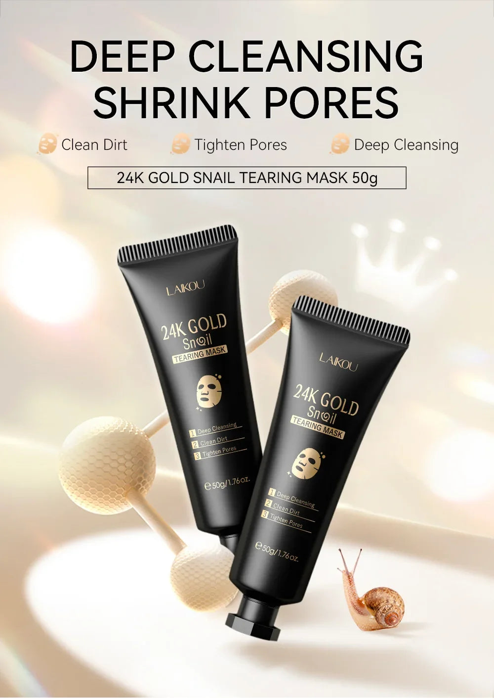 Laikou Peel Off 24K Gold Snail Collagen Mask Reduce Blackheads Deep Cleaning Oil-Control Shrink Pores Hydrating Smooth Face Care