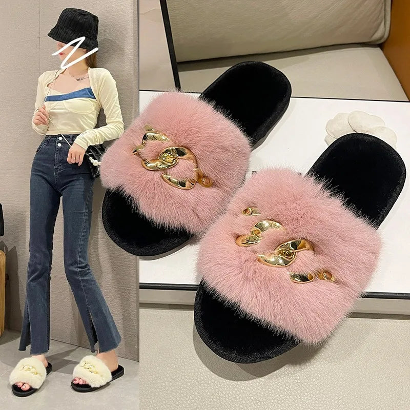 Autumn /winter Metal Chain Woolen Cotton Slippers Fashion Warm Women's Large Fur Flat Heel Straight Slippers Home Cotton Slipper