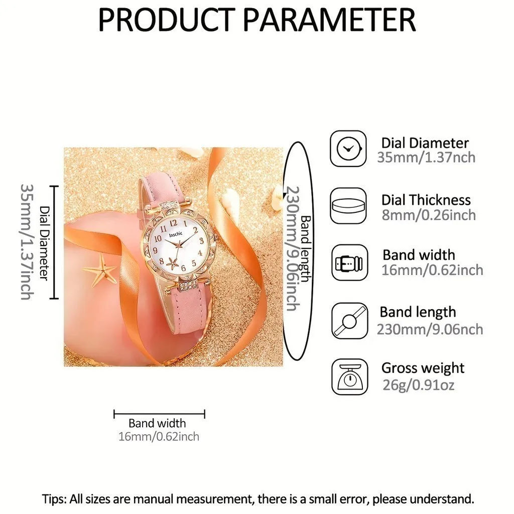 6pcs/set Women's Round Dial Watch Rhinestone Starfish Pattern Pink Belt Quartz Heart-shaped Jewelry Set