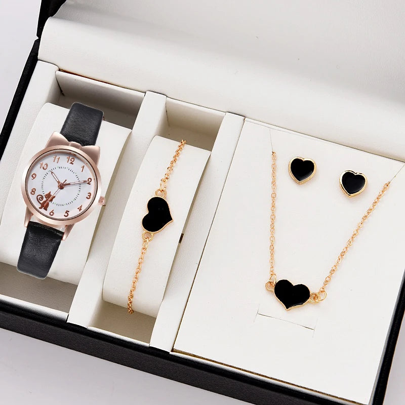 Fashion Women's Quartz Watch PU Leather Strap Student Cute Cartoon Girl WatchesJewlery Set NO BOX