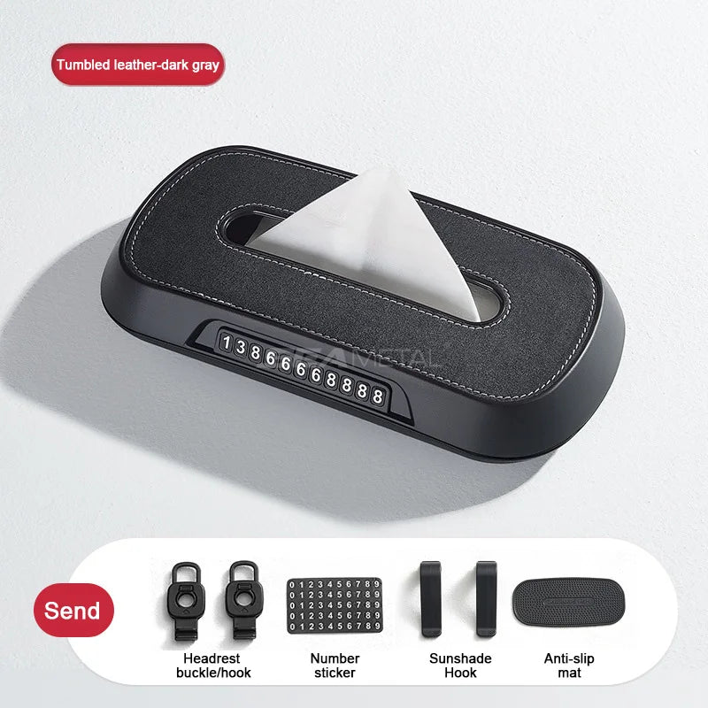 BLALION Car Tissue Box with Temporary Parking Card Sun Visor Backseat Tissue Holder Leather Case Auto Interior Accessories