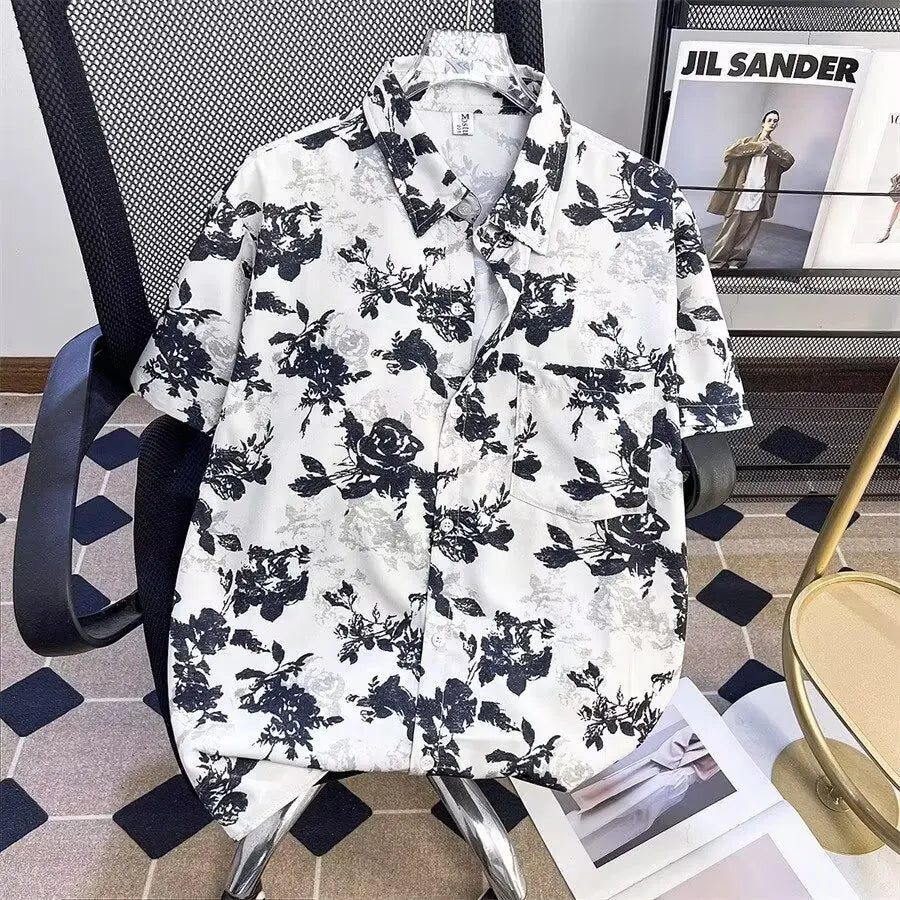 New Chinese ink painting full printed short sleeved shirt for men's summer casual wear with a sense of luxury, retro five quarte
