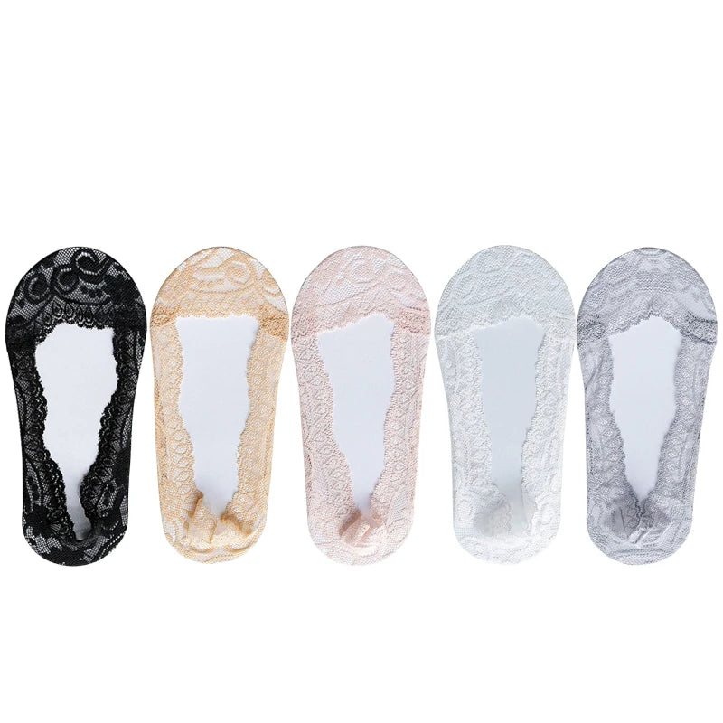 Socks For Women Summer Thin Fashion Lace Flower Invisible No Show Short Antiskid Ankle Socks Soft Boat Sock 5 Pairs