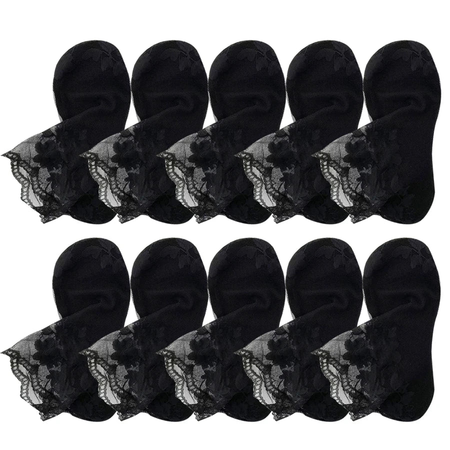 5 Pairs Summer Women Transparent Lace Bottom Short Socks Flower Soft Comfortable Sweat Absorbing Breathable Casual Ankle Socks