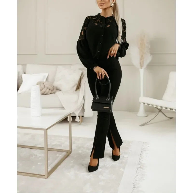Women's Saving Solid Color Fashion Lace Splice Shirt Autumn Commuter Shirt Round Neck Button Long Sleeve Casual Holiday Shirt