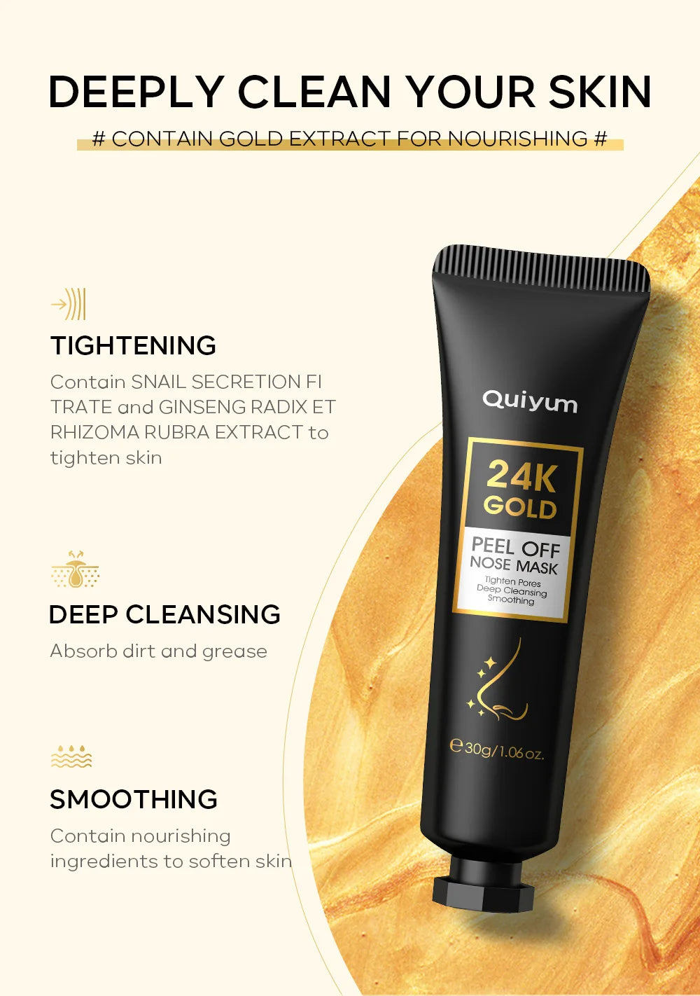 24K Gold Blackhead Remove Mask Peel Nasal Strips Deep Cleansing Shrink Pore Nose Black Head Remove Even Skin Tone 30g