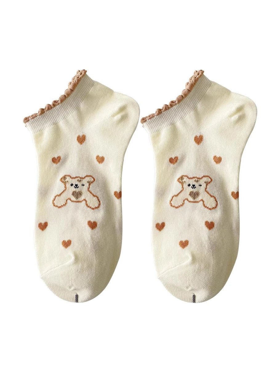 5 Pairs Cute Women Short Socks Cartoon Print Boat Socks Comfortable Breathable Sock Ankle Low Cut No-Show Bear Hearts Print