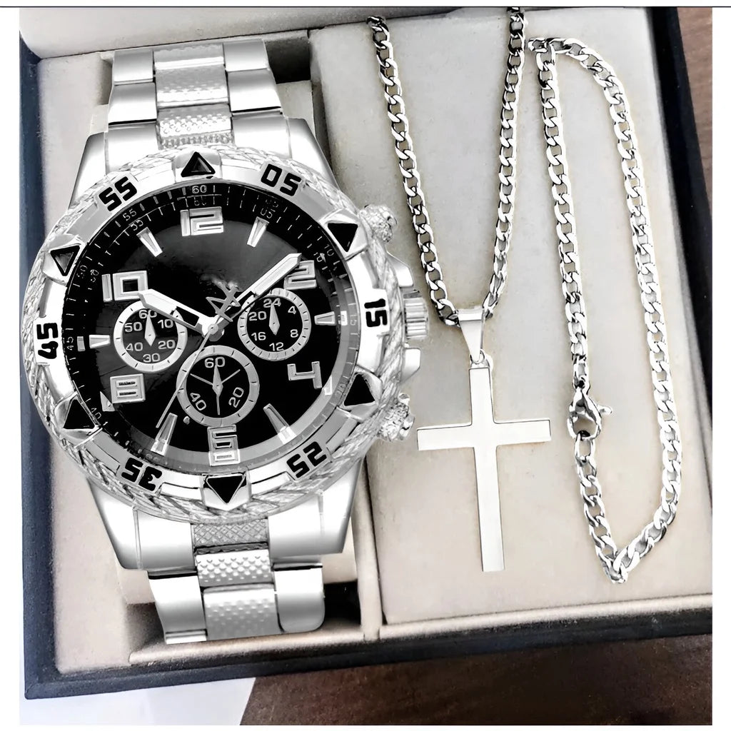 Kegllect Men Steel Band Quartz Watch Digital Scale Wristwatch Necklace Bracelet Set