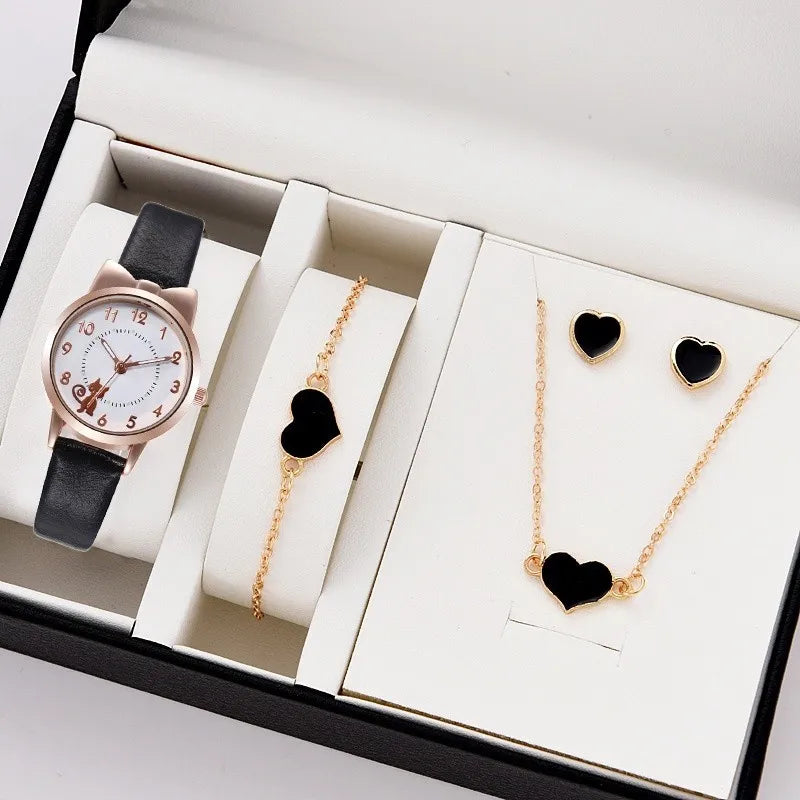 Fashion Women's Quartz Watch PU Leather Strap Student Cute Cartoon Girl WatchesJewlery Set NO BOX