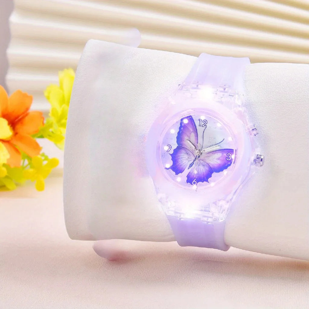 Luminoso Das Crianças Fofo Relógio Borboleta Padrão Silicone Quartzo Da Moda Conta Bracelete Conjunto