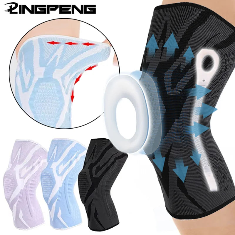 1 Piece Knee Brace Silicone Pads Spring Support High Elastic Breathable Knee Sleeves Protect Meniscus Basketball Sports Guard