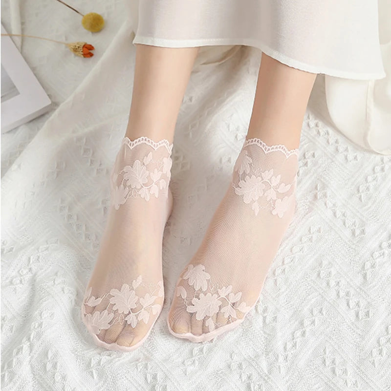 5 Pairs/Lot Socks women's Lace Transparent Lolita Invisible Summer Thin Non-slip Short Ankle Black Low Cut Boat Sock