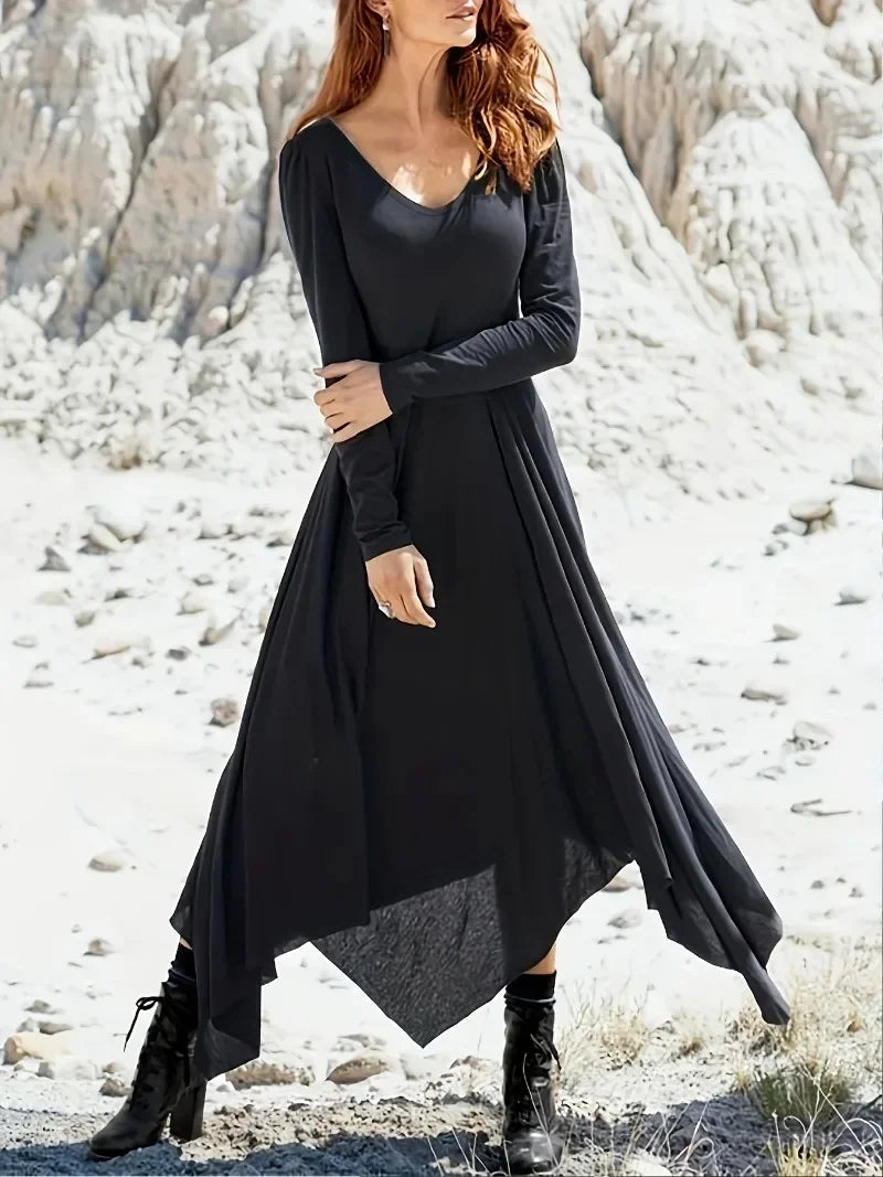 Plus Size 1XL-5XL Women's Solid V-neck Simple Irregular Hem Skirt Long Sleeved Top Tight Bottom Loose A-line Skirt Dress