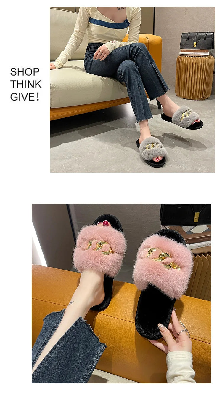 Autumn /winter Metal Chain Woolen Cotton Slippers Fashion Warm Women's Large Fur Flat Heel Straight Slippers Home Cotton Slipper