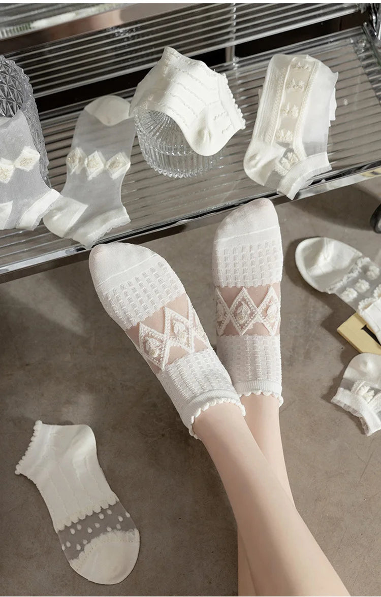 5 Pairs/Lot Socks Women's Summer Transparent Short White Low Tube Cool Socks Set Cute Print Ankle Foot Cover Fashion New Kawaii