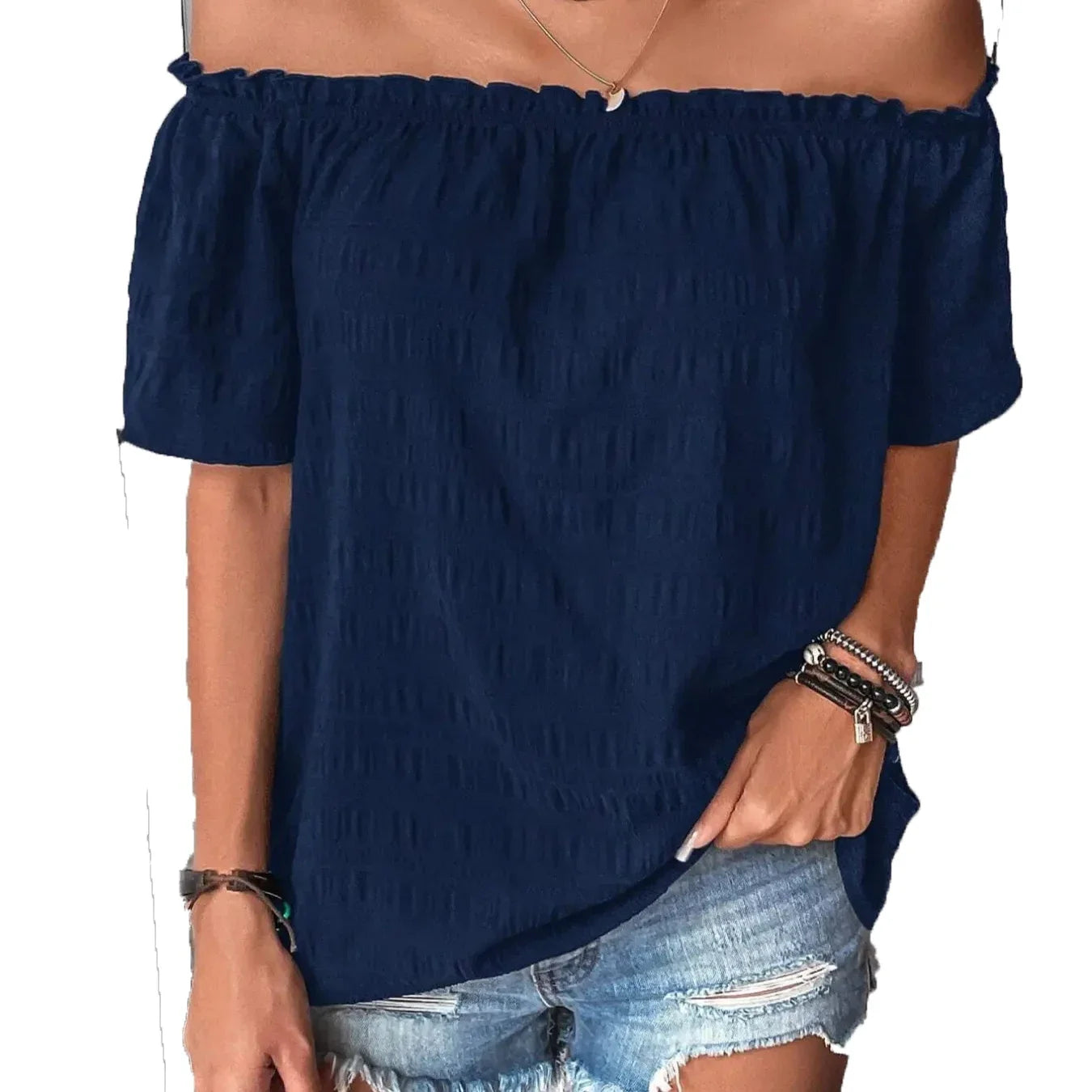 Women's Fashion Off The Shoulder Shirt Casual Pleated One Shoulder Short Sleeve Shirt Versatile Solid Color Shirt